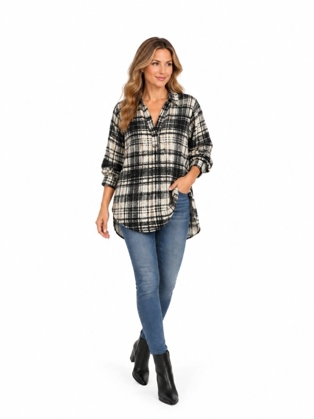 Topshop Womens 6 Black White Plaid Tunic Blouse Oversized Long Sleeve Split Hem